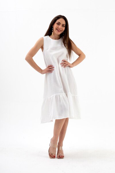 VELİZADE Women's Crew Neck Sleeveless Midi Length Linen Dress White Flared Be...