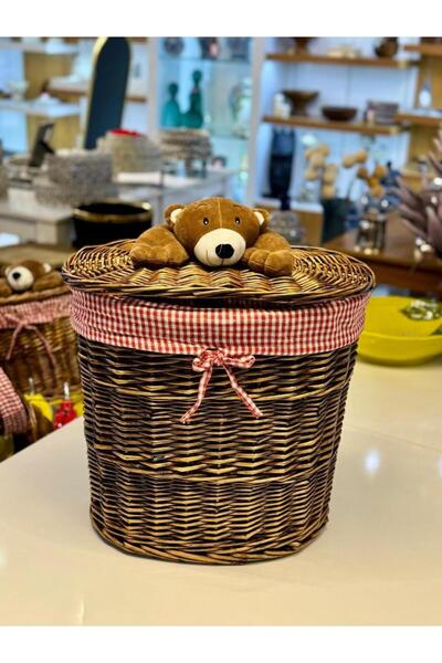 Sever Brown Plush Detail Oval Wicker Laundry/Toy Basket 43X30X40Cm