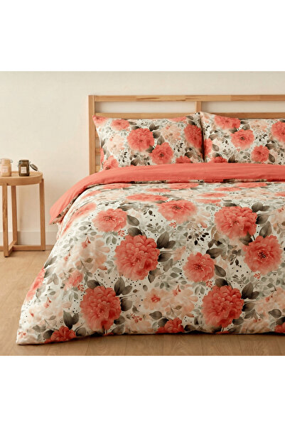 Prime Sleeks Coral Flower Patterned 100% Cotton Double Duvet Cover Set with E...