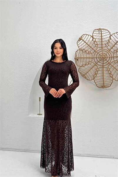 Neşeli Butik Women's Brown Lining Full Length Flock Printed Long Sleeve Tulle...