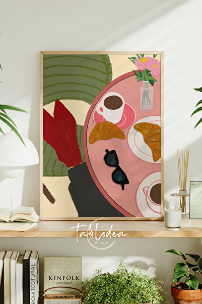 tablodea Διακοσμητική αφίσα κουζίνας με μοτίβο φλιτζάνι καφέ και κρουασάν με ...