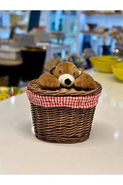 Sever Brown Plush Detail Oval Wicker Laundry/Toy Basket 23X17X17Cm