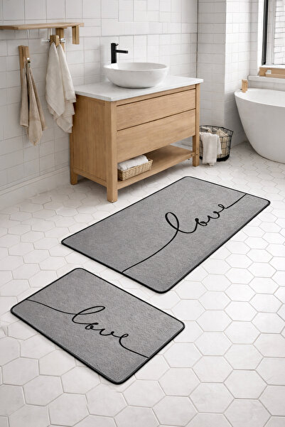 Nihai Ev Dijital Kaymaz Yıkanabilir İkili Love Gri Banyo Paspası Banyo Halısı...