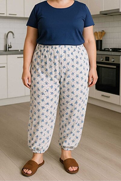 Tusebu Women's Blue Patterned Elastic Leg Pajama Bottoms Comfortable Home