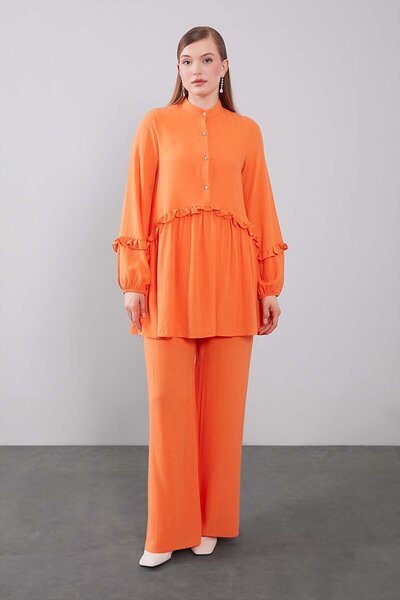 Levidor Orange Half-Patched Ruffle Detailed Double Set