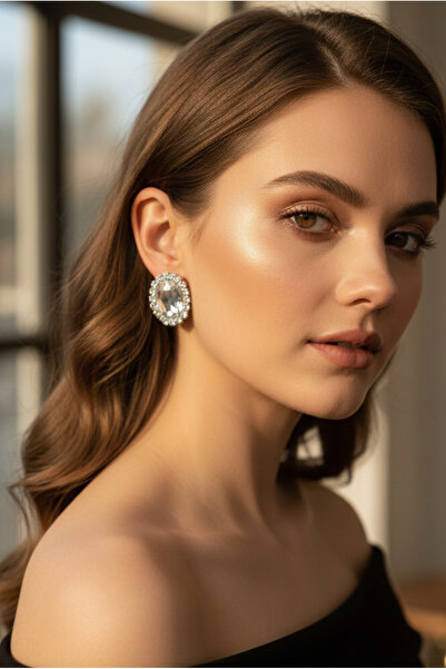 Happyline Gümüş Taşlı Büyük Küpe Choker Tasma Gümüş Kaplama Kına Küpe Abiye K...