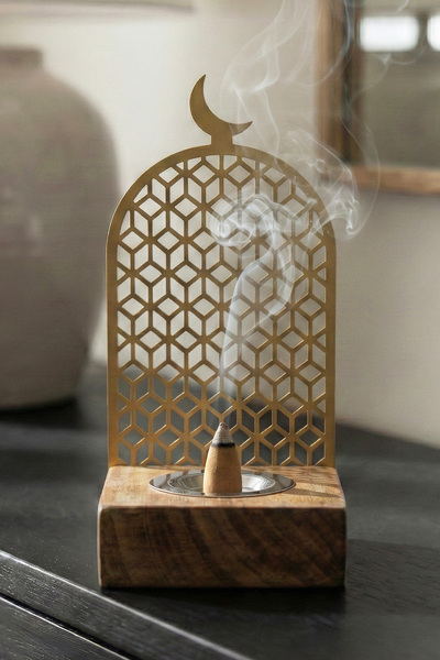 iwa concept Geometric Patterned Metal Wooden Incense Burner - Islamic Wall Ar...
