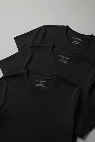 DESEN ATÖLYESİ %100 Pamuklu 3 Adet Siyah Basic Kısa Kollu Tişört Ekonomik Set...