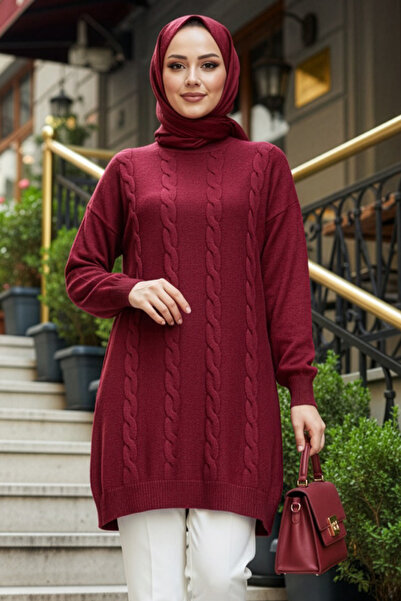 N.S NEVA STYLE Knitted Detailed Dark Burgundy Hijab Sweater 60051Kbr