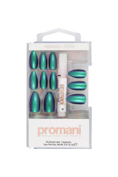 Promani أظافر كروم زرقاء مطلية بالبخاخ مع أداة وضع وغراء