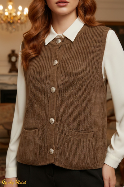 AYMELEK Women's Knitwear Crew Neck Buttoned Pocket Detailed Sweater/Pullover