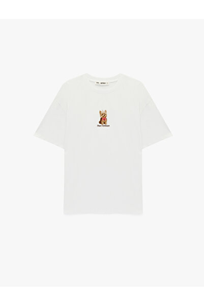 Koton Short Sleeve Crew Neck Dog Embroidered Cotton Oversize T-Shirt