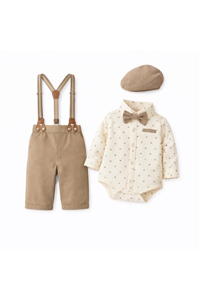 kizu Σετ 3 τεμαχίων για αγόρια - μπεζ παντελόνι με τιράντες, φορμάκι και καπέ...