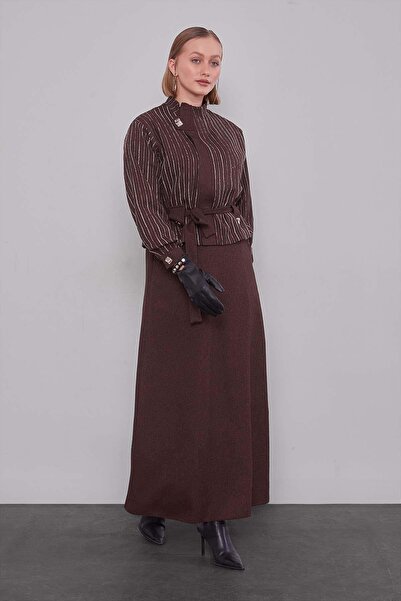 Levidor Coffee Striped Pattern Belted Skirt Set