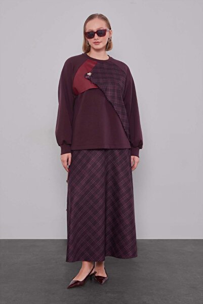 Levidor طقم تنورة منقوشة باللون الأحمر الداكن