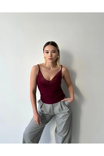 Vinales Premium Dantel Detaylı Bluz - Bordo