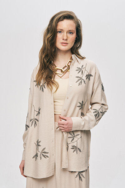 Orfeo Negro Women's Leaf Embroidered Oversize Cut Viscose Shirt