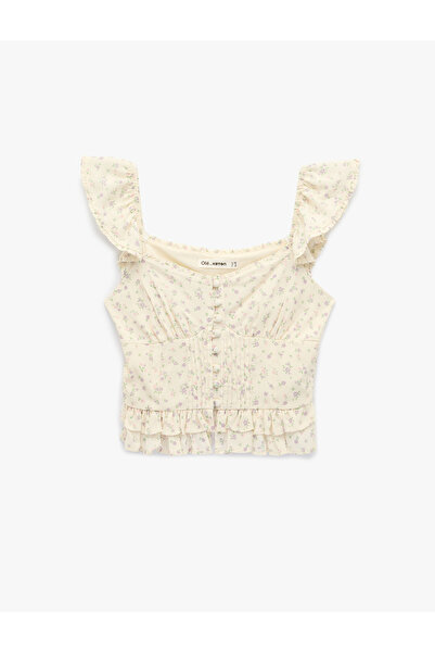 Koton Slim Fit Sleeveless Buttoned Ruffle Heart Neck Viscose Floral Blouse