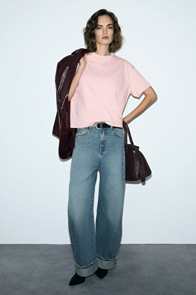 GRIMELANGE Tiloria Women's Organic Cotton Printed Crew Neck Regular Fit Salmo...