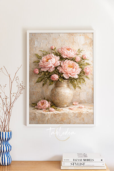 tablodea Pictură în ulei în stil vintage, cu flori de bujor roz, TD, pictură ...