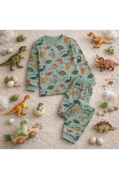 zahider Момчешки комплект пижама от 100% памук в цвят каки с динозавърски мотив