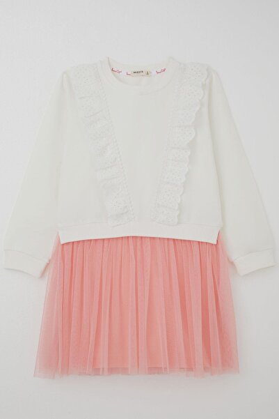 Breeze Rochie cu mânecă lungă pentru fetițe, cu broderie și tul, 3-8 ani, Ecru