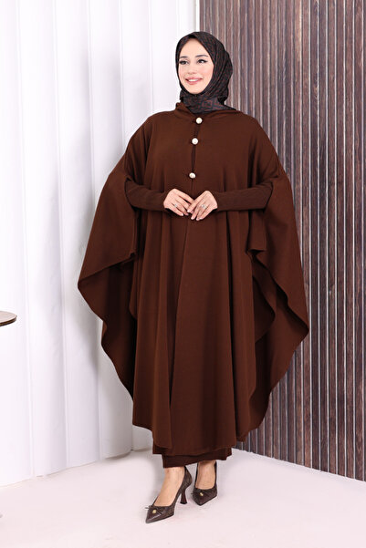 Bym Fashion Düğmeli Kapşonlu Triko Panço 18342 Kahverengi
