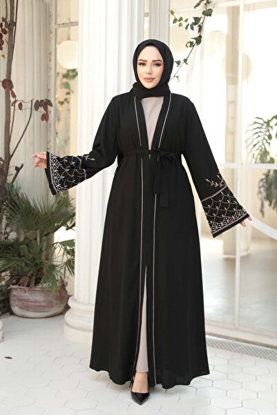 N.S NEVA STYLE Embroidery Patterned Black Beige Hijab Abaya Set 29126Sbej