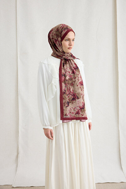 cs camellia scarf Monaco Kraş Shawl - Burgundy Beige