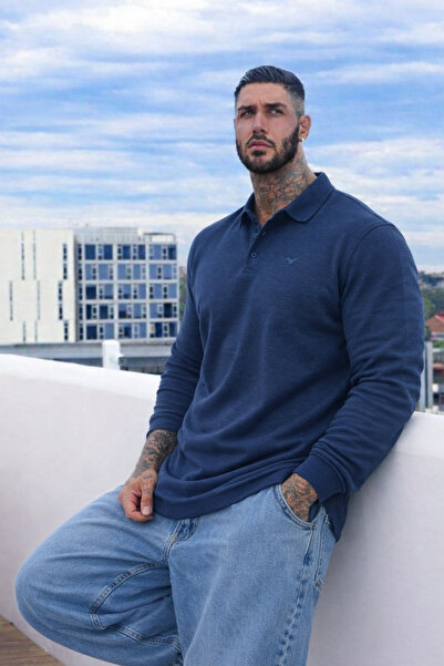 Maccali Men's Large Size Indigo Polo Long Sleeve T-Shirt