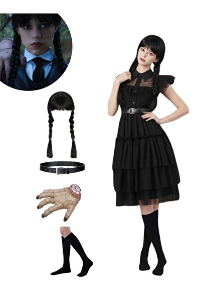 Premium Wednesday Addams Style Black Dress Costume with Wig and Fake Hand