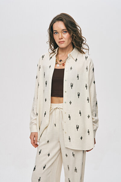 Orfeo Negro Women's Ethnic Modern Bead Embroidered Natur Oversize Shirt