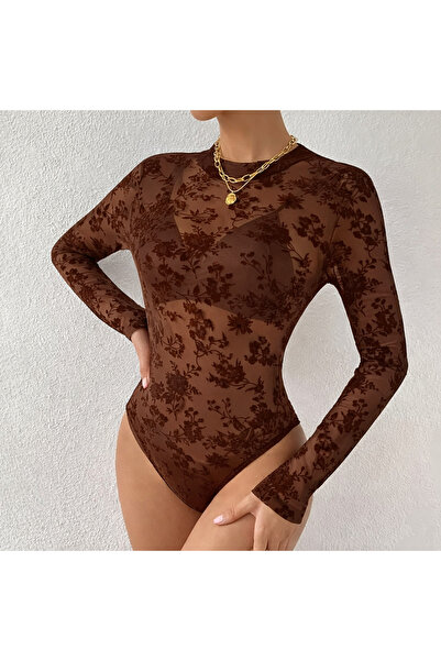 randevu Brown Tulle Flocked Velvet Textured Floral Printed Snap Fastener Body...