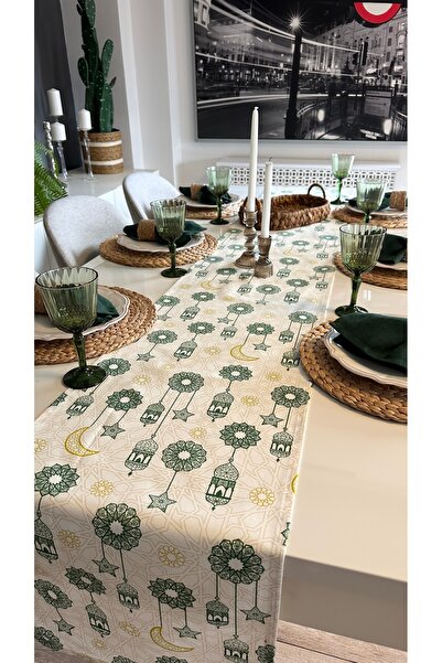 Decamor home Ramadan Themed Green Ecru Lantern Patterned Runner