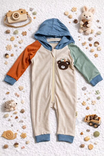 Luna Colorful Teddy Kopüşonlu Fermuarlı Erkek Bebek Tulum