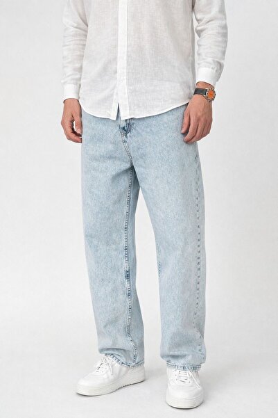 oraystore Men's Snow Wash Loose Fit Wide Leg Jeans Trousers Bg