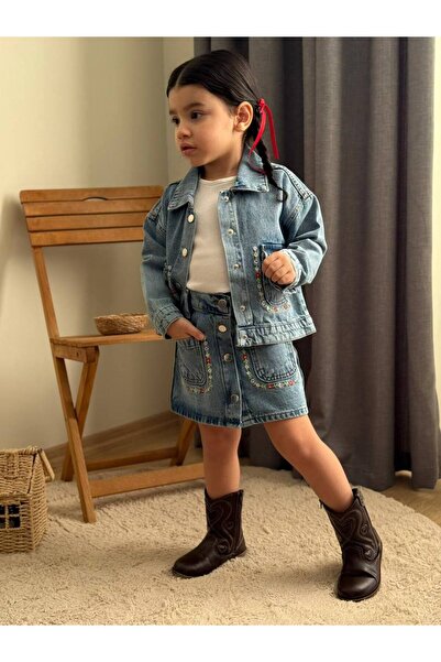 NOBLEKIDS Blue Embroidered Denim Jacket & Skirt & Cotton Bodysuit – Girls' Th...