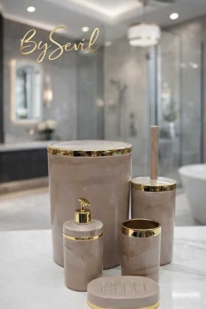 BySevil Acrylic Round 5 Piece Marble Pattern Bathroom Set - Salmon Gold