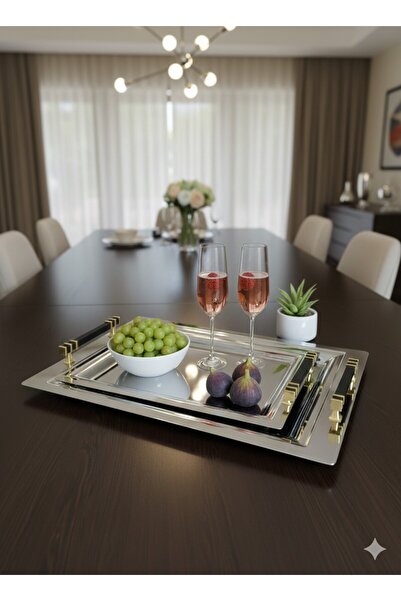 ÖZBURAK Siyah İnci 2 li Ikramlık Sunumluk Çay Ve Servis Tepsisi Siyah - Bej