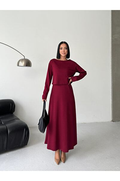 MODAMERSİ Women's Burgundy Boat Neck Blouse Dress Double Set