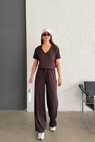 LE CARAMBOLE Women's Brown Stone Detailed V-Neck Blouse and Trousers Two-Piec...