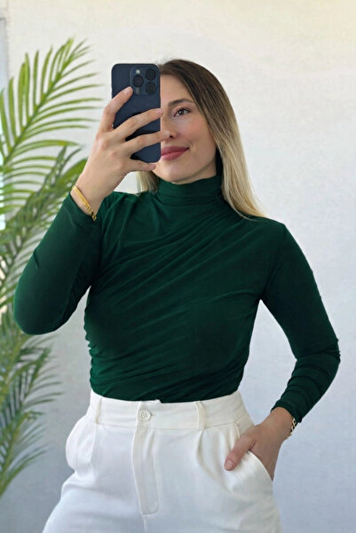 Kubos Moda بلوزة نصف صيدلي بخصر مكشكش وأكمام طويلة باللون الأحمر الداكن