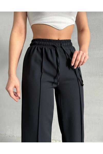 kendii modamm Women's Grass Stitched Wide Leg Belted High Waist Trousers – Black / White