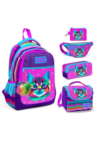 Coral High مجموعة حقائب مدرسية وعادية من مور بينك كات مكونة من خمس قطع - للفتيات