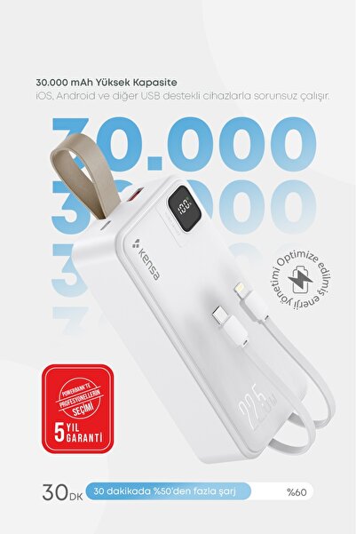 Kensa Powerbank 30.000 mAh | 22.5W PD Hızlı Şarj Uyumlu LED Göstergeli | Kabl...