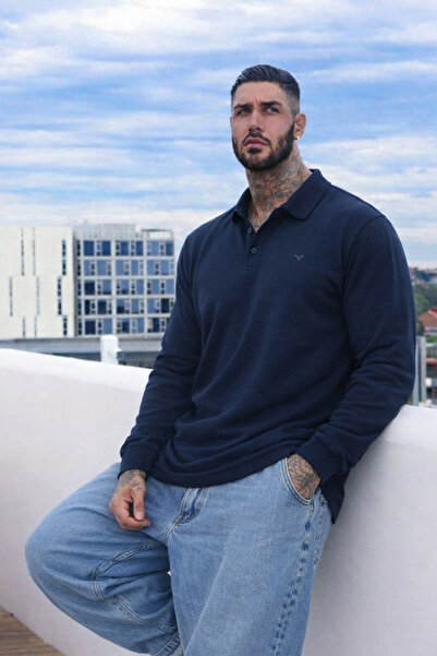 Maccali Men's Large Size Navy Blue Polo Long Sleeve T-Shirt