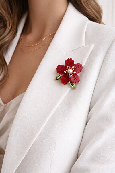 Modex İnci Taş Detay Kırmızı Yonca Çiçek Broş (4cm)