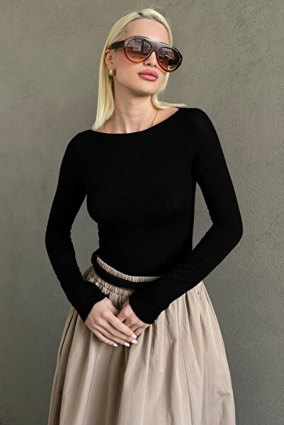 Seeh Black Boat Neck Transparent Women's Blouse Sh355