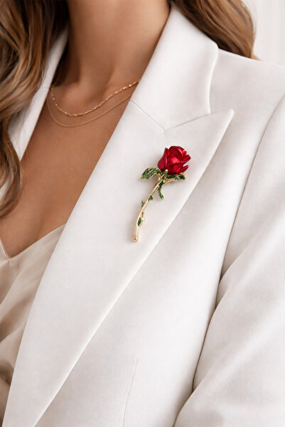 Modex İnce Dal Kırmızı Zarif Gül Broş (5cm)