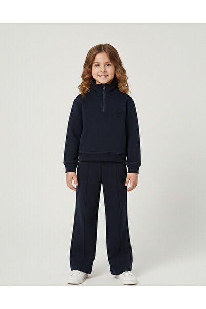 Kyex PREMIUM Момичешки тъмносин памучен мек спортен екип с джоб с цип, 3-8 го...